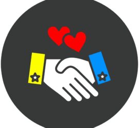 Partners - hands shaking below two hearts.