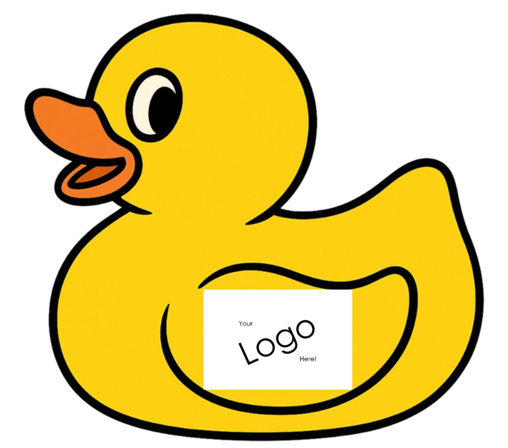 A cartoon yellow duck with "Your logo here" on its body.